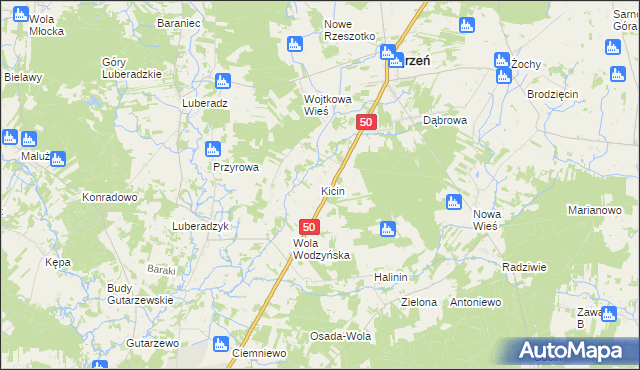 mapa Kicin gmina Ojrzeń, Kicin gmina Ojrzeń na mapie Targeo