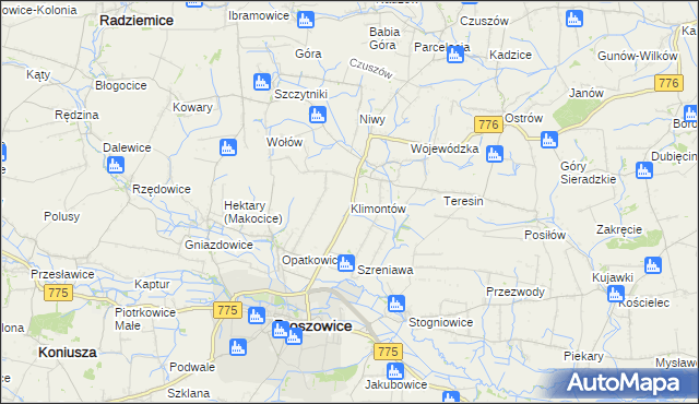 mapa Klimontów gmina Proszowice, Klimontów gmina Proszowice na mapie Targeo