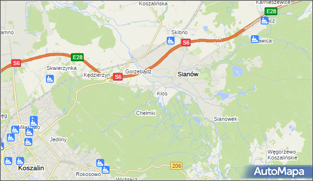 mapa Kłos gmina Sianów, Kłos gmina Sianów na mapie Targeo