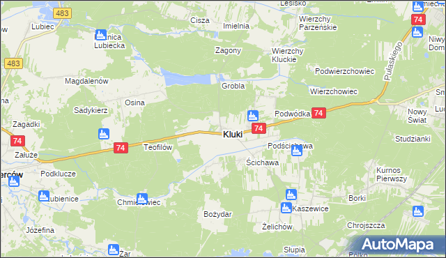 mapa Kluki powiat bełchatowski, Kluki powiat bełchatowski na mapie Targeo