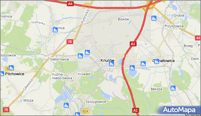 mapa Knurów powiat gliwicki, Knurów powiat gliwicki na mapie Targeo