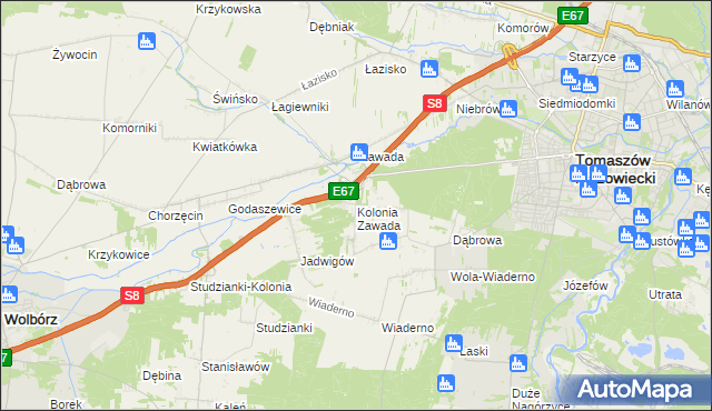 mapa Kolonia Zawada gmina Tomaszów Mazowiecki, Kolonia Zawada gmina Tomaszów Mazowiecki na mapie Targeo