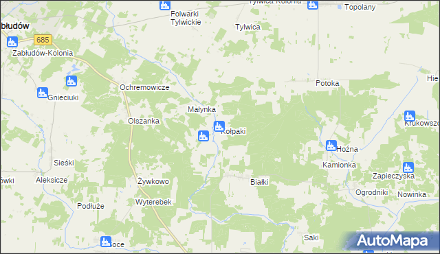 mapa Kołpaki gmina Zabłudów, Kołpaki gmina Zabłudów na mapie Targeo