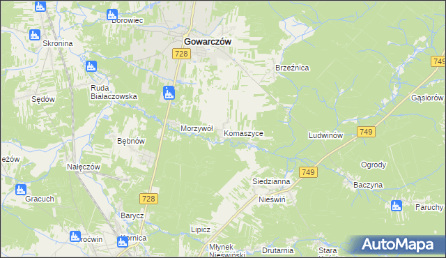 mapa Komaszyce gmina Gowarczów, Komaszyce gmina Gowarczów na mapie Targeo