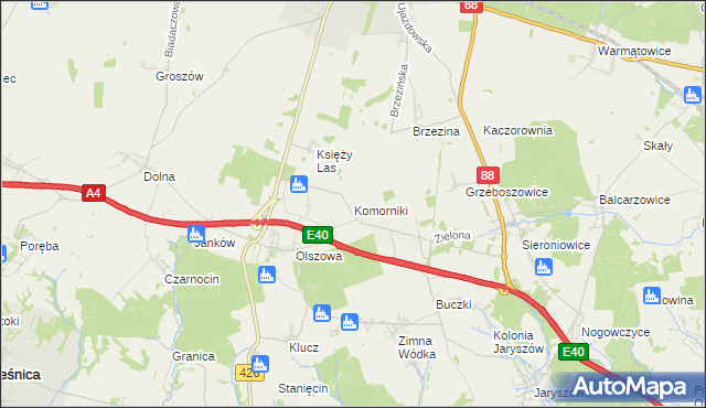 mapa Komorniki gmina Ujazd, Komorniki gmina Ujazd na mapie Targeo