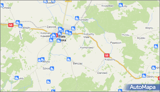 mapa Komorowo gmina Biała Piska, Komorowo gmina Biała Piska na mapie Targeo