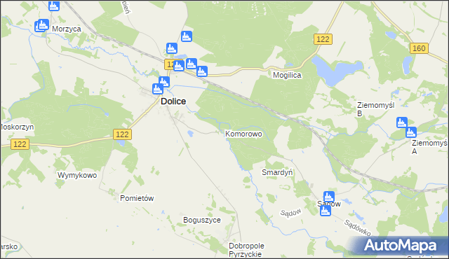 mapa Komorowo gmina Dolice, Komorowo gmina Dolice na mapie Targeo