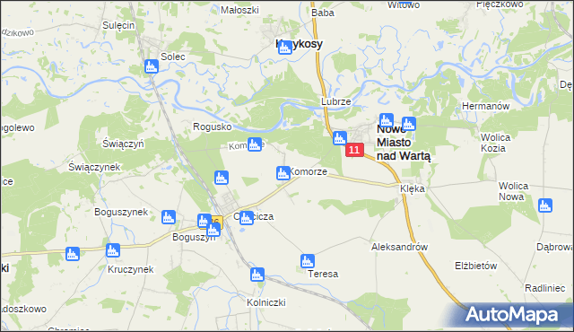 mapa Komorze gmina Nowe Miasto nad Wartą, Komorze gmina Nowe Miasto nad Wartą na mapie Targeo