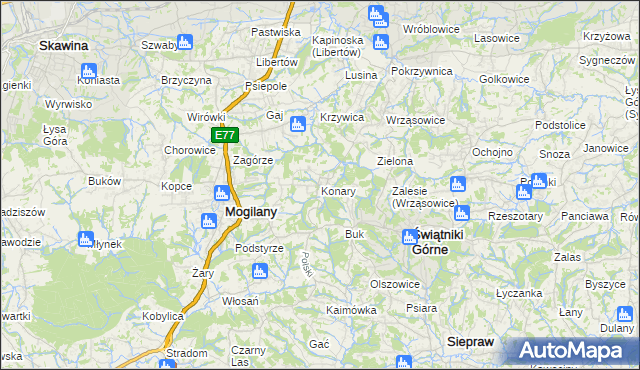 mapa Konary gmina Mogilany, Konary gmina Mogilany na mapie Targeo