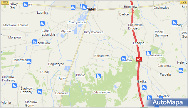 mapa Konarzew gmina Piątek, Konarzew gmina Piątek na mapie Targeo