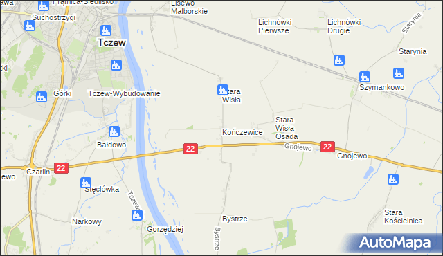 mapa Kończewice gmina Miłoradz, Kończewice gmina Miłoradz na mapie Targeo