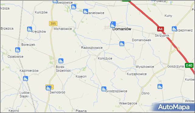 mapa Kończyce gmina Domaniów, Kończyce gmina Domaniów na mapie Targeo