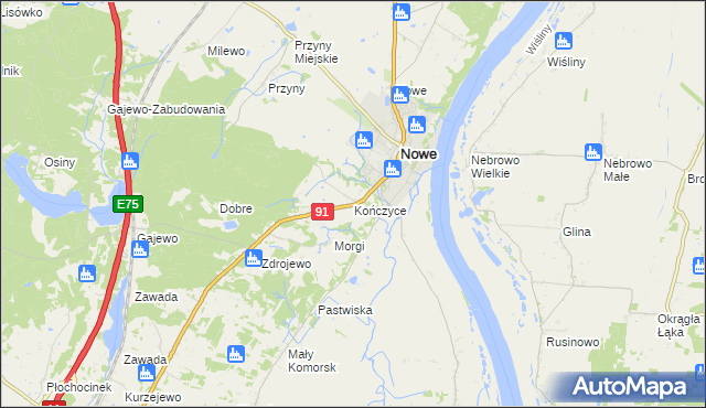 mapa Kończyce gmina Nowe, Kończyce gmina Nowe na mapie Targeo