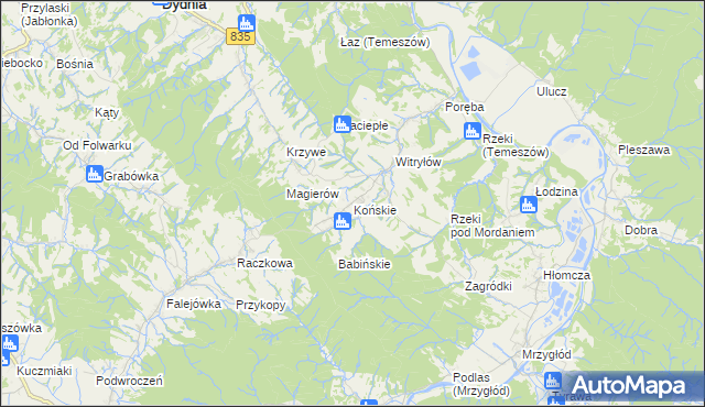 mapa Końskie gmina Dydnia, Końskie gmina Dydnia na mapie Targeo
