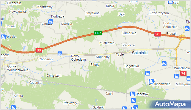 mapa Kopaniny gmina Sokolniki, Kopaniny gmina Sokolniki na mapie Targeo