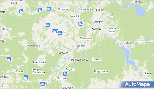 mapa Kopcie gmina Dzikowiec, Kopcie gmina Dzikowiec na mapie Targeo