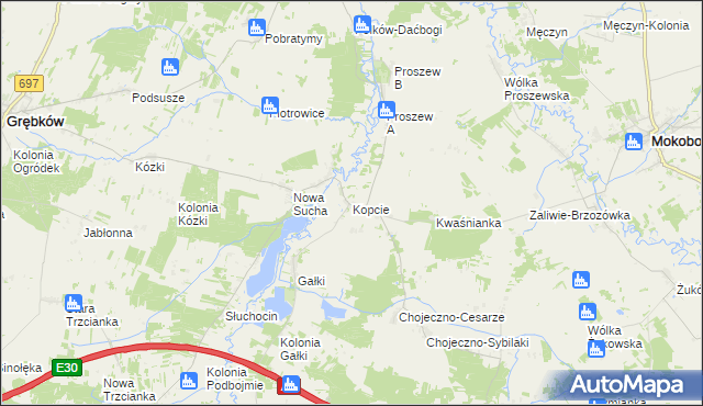 mapa Kopcie gmina Grębków, Kopcie gmina Grębków na mapie Targeo