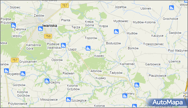 mapa Kopiec gmina Iwaniska, Kopiec gmina Iwaniska na mapie Targeo