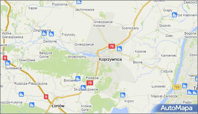 mapa Koprzywnica powiat sandomierski, Koprzywnica powiat sandomierski na mapie Targeo