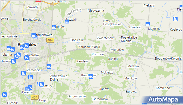 mapa Korczew gmina Bełchatów, Korczew gmina Bełchatów na mapie Targeo
