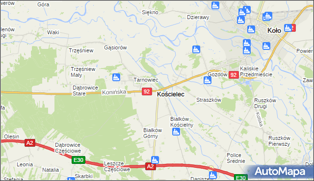 mapa Kościelec powiat kolski, Kościelec powiat kolski na mapie Targeo