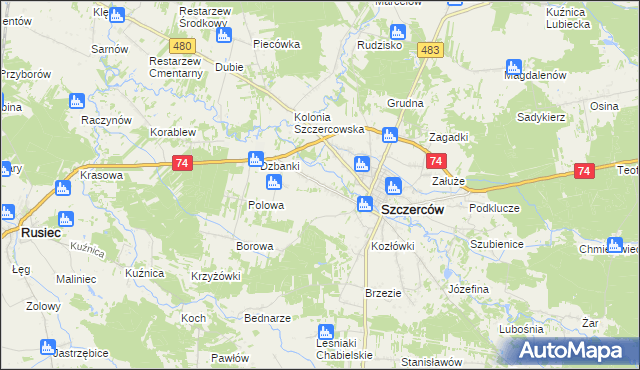 mapa Kościuszki gmina Szczerców, Kościuszki gmina Szczerców na mapie Targeo