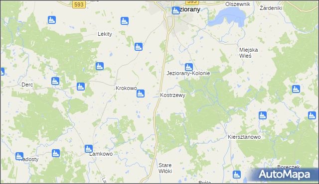 mapa Kostrzewy gmina Jeziorany, Kostrzewy gmina Jeziorany na mapie Targeo