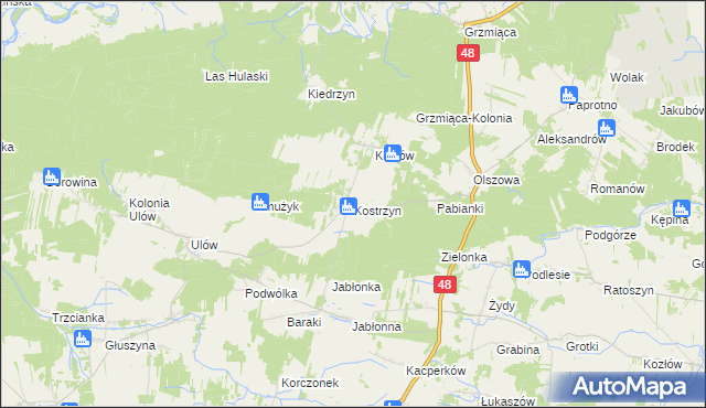 mapa Kostrzyn gmina Wyśmierzyce, Kostrzyn gmina Wyśmierzyce na mapie Targeo