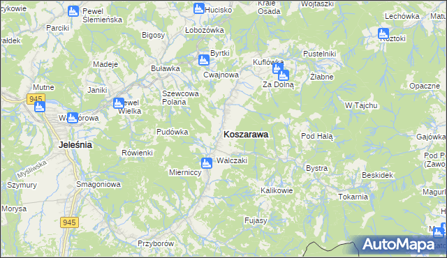 mapa Koszarawa, Koszarawa na mapie Targeo