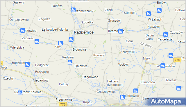 mapa Kowary gmina Radziemice, Kowary gmina Radziemice na mapie Targeo