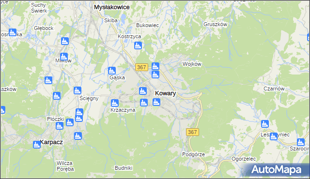 mapa Kowary powiat jeleniogórski, Kowary powiat jeleniogórski na mapie Targeo