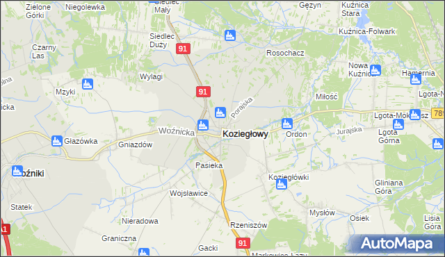 mapa Koziegłowy powiat myszkowski, Koziegłowy powiat myszkowski na mapie Targeo