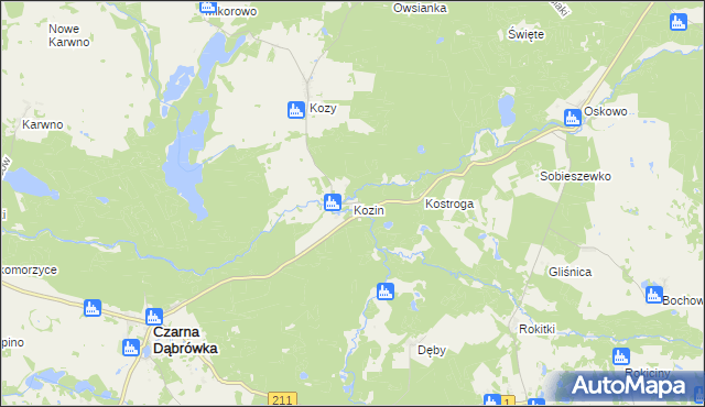 mapa Kozin gmina Czarna Dąbrówka, Kozin gmina Czarna Dąbrówka na mapie Targeo