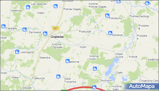 mapa Kózki gmina Grębków, Kózki gmina Grębków na mapie Targeo