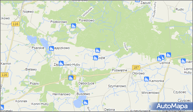 mapa Koźle gmina Szamotuły, Koźle gmina Szamotuły na mapie Targeo