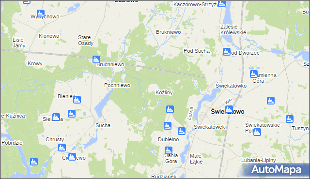 mapa Koźliny gmina Lubiewo, Koźliny gmina Lubiewo na mapie Targeo
