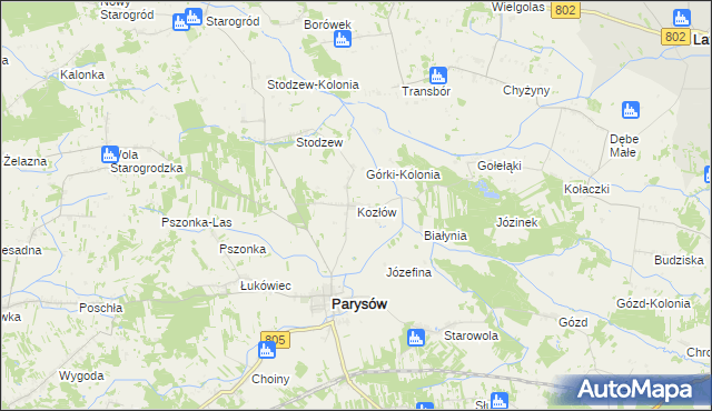 mapa Kozłów gmina Parysów, Kozłów gmina Parysów na mapie Targeo