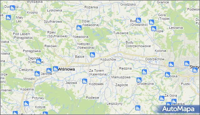 mapa Kożuchów gmina Wiśniowa, Kożuchów gmina Wiśniowa na mapie Targeo