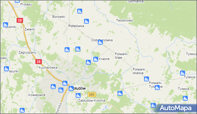mapa Krasne gmina Zabłudów, Krasne gmina Zabłudów na mapie Targeo