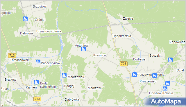 mapa Kraśnica gmina Opoczno, Kraśnica gmina Opoczno na mapie Targeo