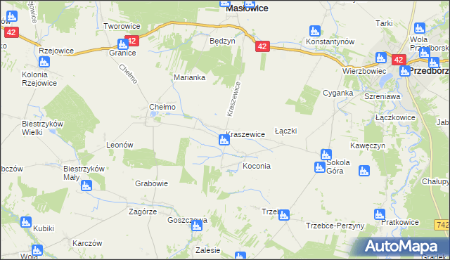 mapa Kraszewice gmina Masłowice, Kraszewice gmina Masłowice na mapie Targeo