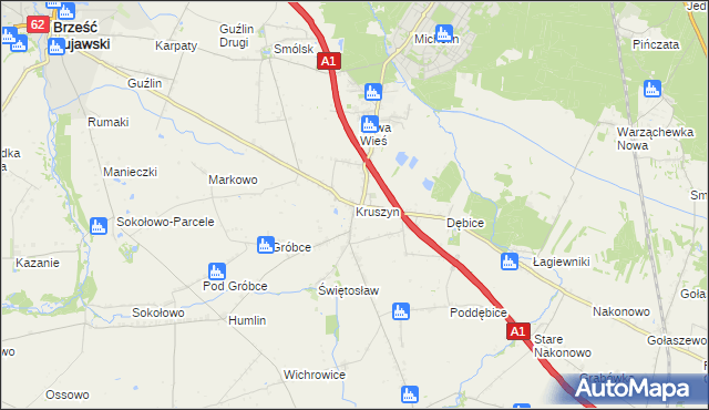 mapa Kruszyn gmina Włocławek, Kruszyn gmina Włocławek na mapie Targeo