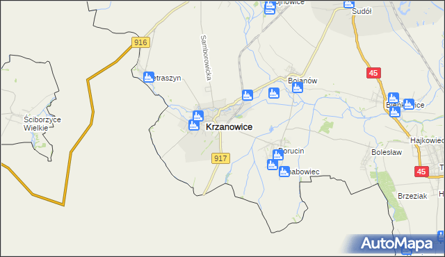 mapa Krzanowice powiat raciborski, Krzanowice powiat raciborski na mapie Targeo