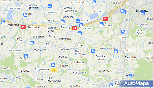 mapa Krzęcin gmina Skawina, Krzęcin gmina Skawina na mapie Targeo
