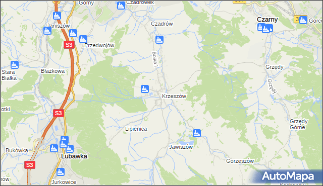 mapa Krzeszów gmina Kamienna Góra, Krzeszów gmina Kamienna Góra na mapie Targeo