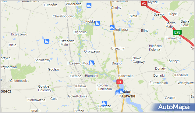 mapa Krzewie gmina Lubień Kujawski, Krzewie gmina Lubień Kujawski na mapie Targeo