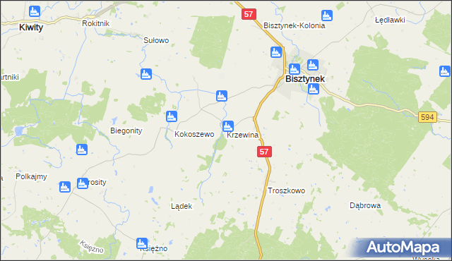 mapa Krzewina gmina Bisztynek, Krzewina gmina Bisztynek na mapie Targeo