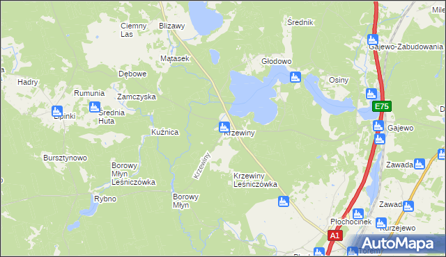 mapa Krzewiny gmina Warlubie, Krzewiny gmina Warlubie na mapie Targeo