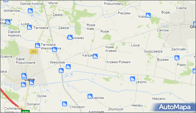 mapa Krzewo gmina Dąbie, Krzewo gmina Dąbie na mapie Targeo