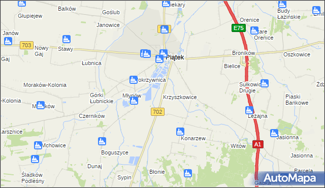 mapa Krzyszkowice gmina Piątek, Krzyszkowice gmina Piątek na mapie Targeo